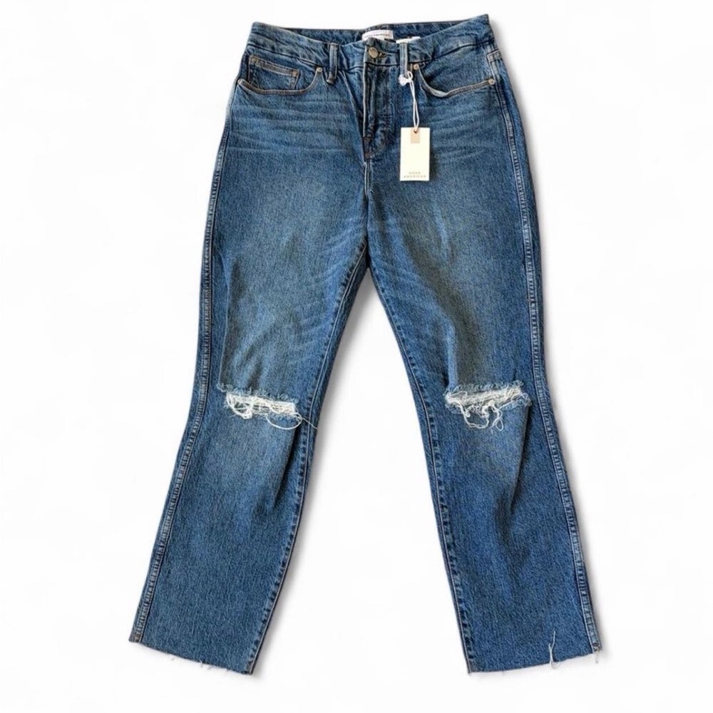 Good American Good Curve Straight Leg Blue Distressed Jeans